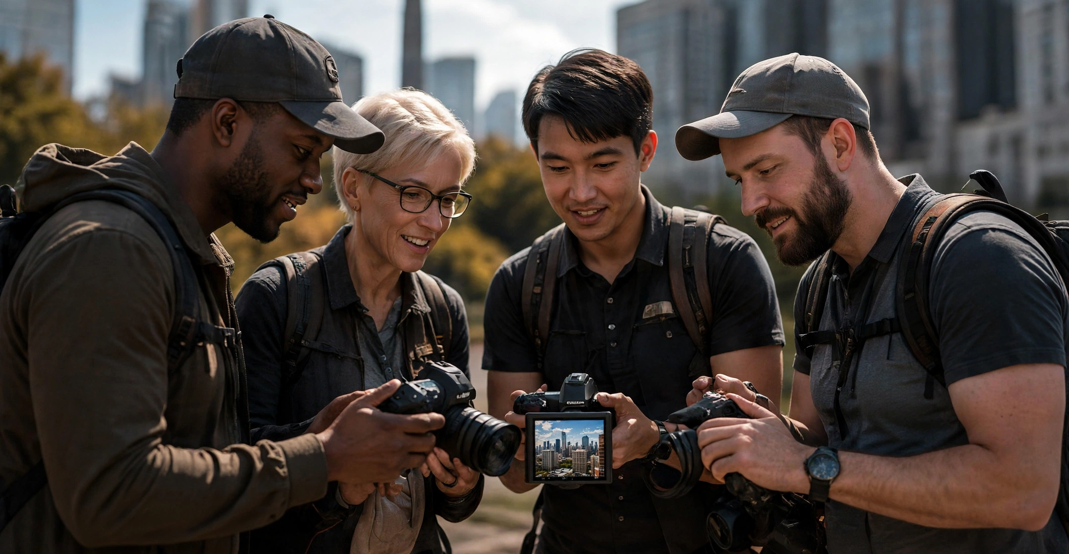 Photographers reviewing photos together